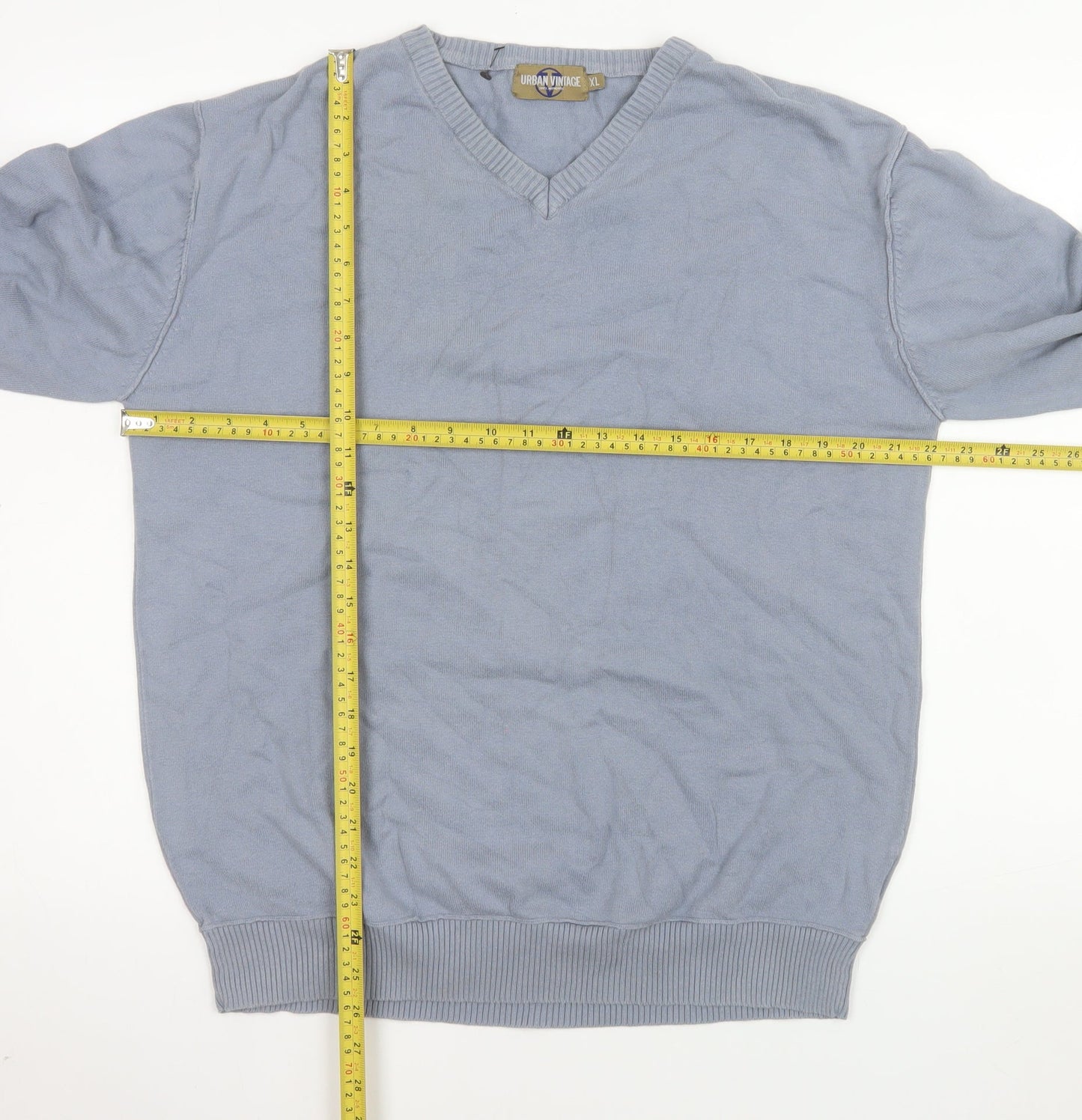 Urban Vintage Men's Blue XL V-Neck Cotton Pullover Jumper