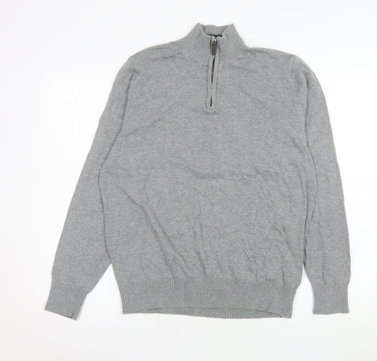 Marks and Spencer Men's Grey Cotton 1/4 Zip Sweatshirt Medium