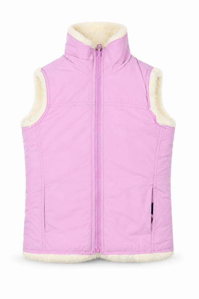 Front view of Gap girls’ pink faux fur lined bodywarmer 8-9 years sleeveless zip waistcoat