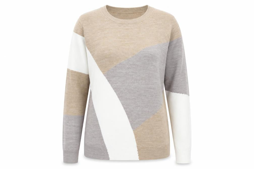 Marks & Spencer Women’s Beige Geometric Crew Neck Acrylic Jumper Size 14