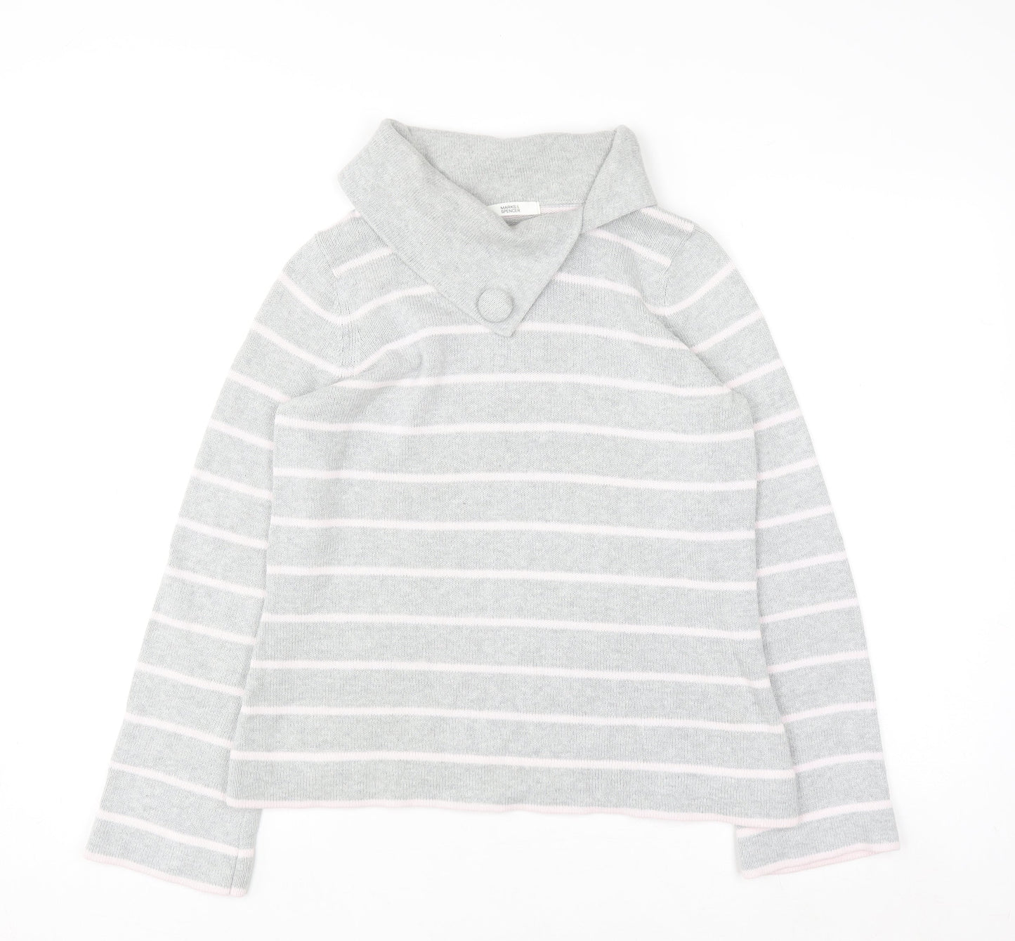 Marks and Spencer Women Grey Striped Collared Cotton Jumper Size 12