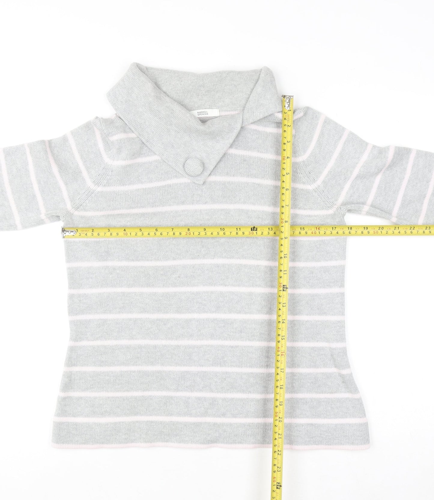 Marks and Spencer Women Grey Striped Collared Cotton Jumper Size 12