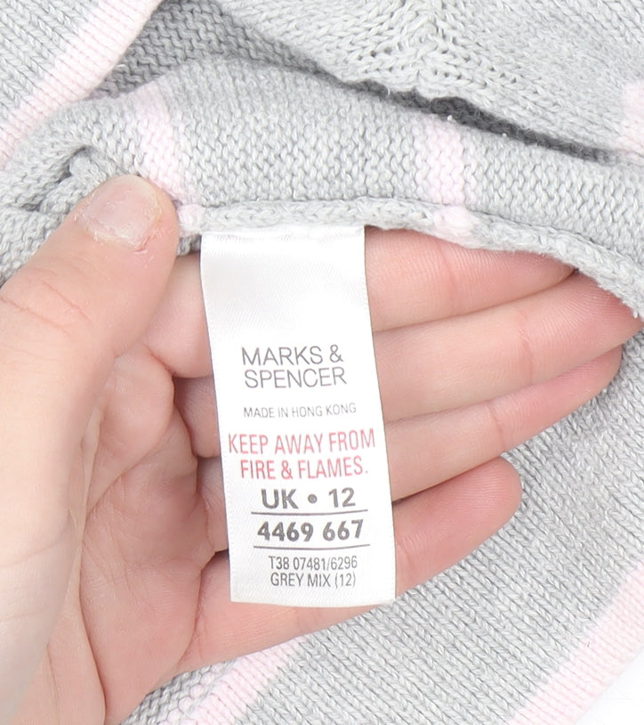 Marks and Spencer Women Grey Striped Collared Cotton Jumper Size 12