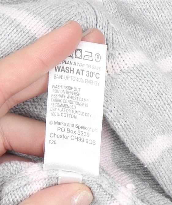 Marks and Spencer Women Grey Striped Collared Cotton Jumper Size 12