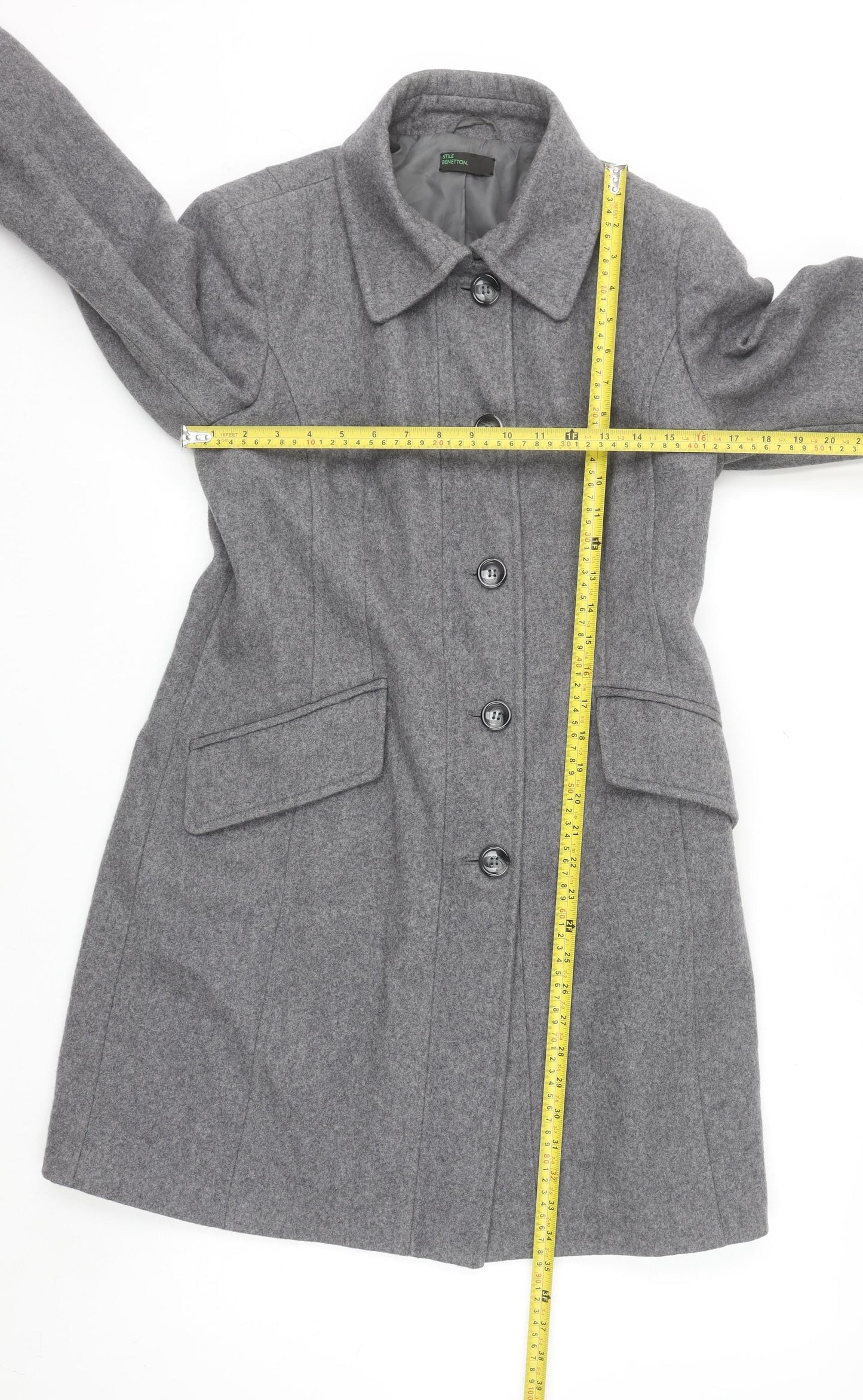 Benetton Women Grey Wool Blend Long Coat UK 12 Classic Buttoned Overcoat