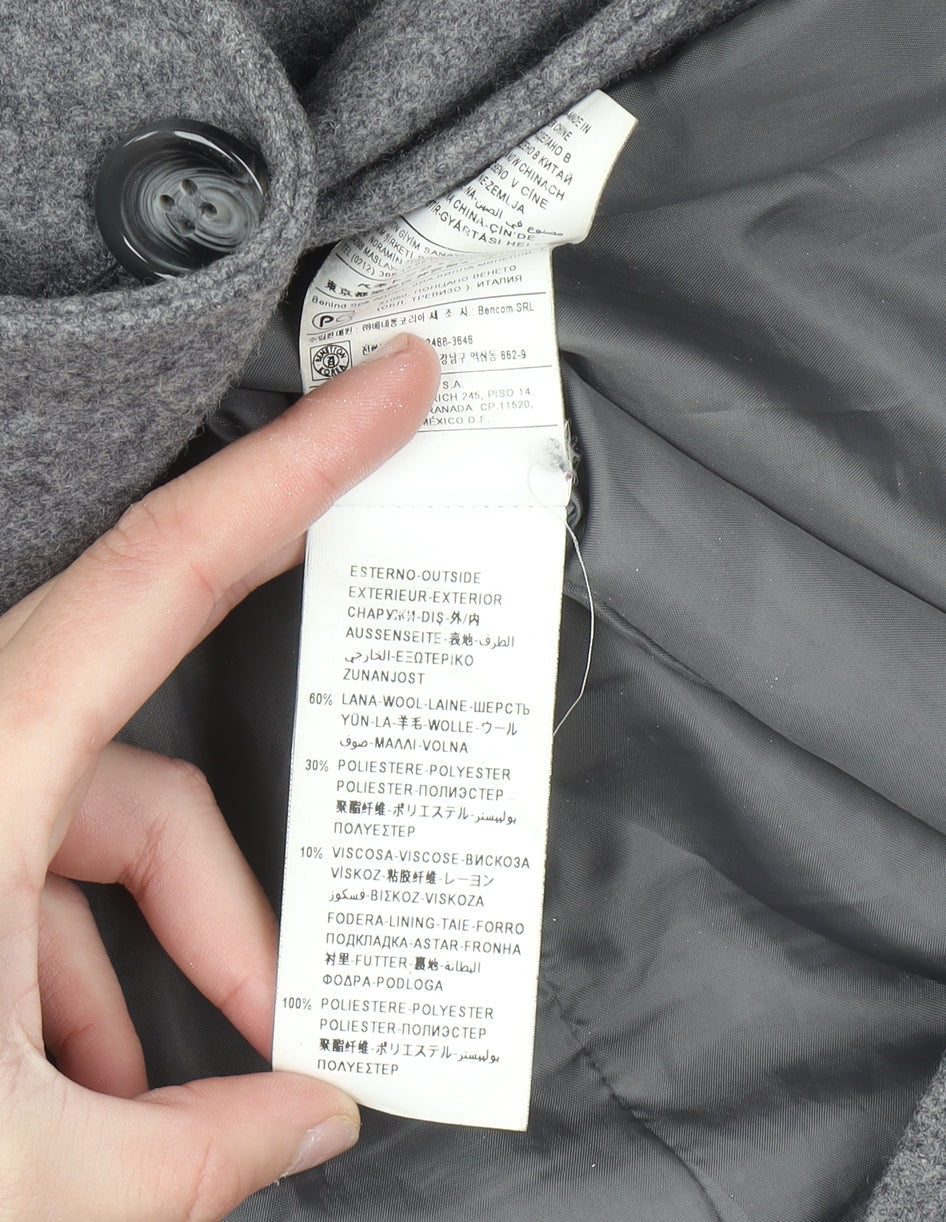 Benetton Women Grey Wool Blend Long Coat UK 12 Classic Buttoned Overcoat