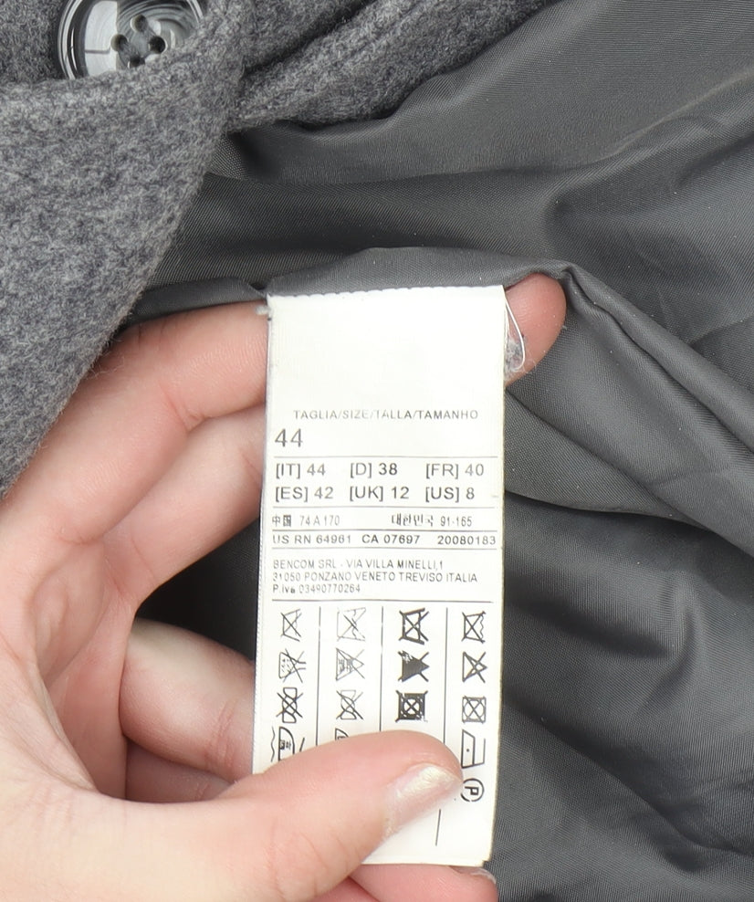Benetton Women Grey Wool Blend Long Coat UK 12 Classic Buttoned Overcoat