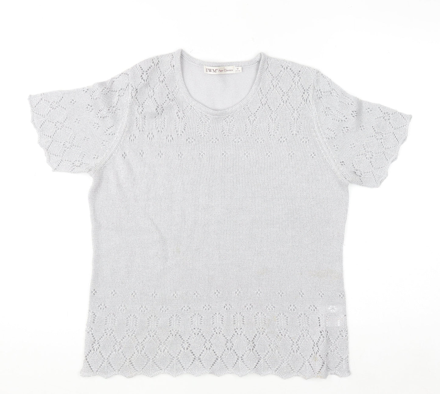 EWM Pure Classics Women Silver Knit Short Sleeve Top Size 14