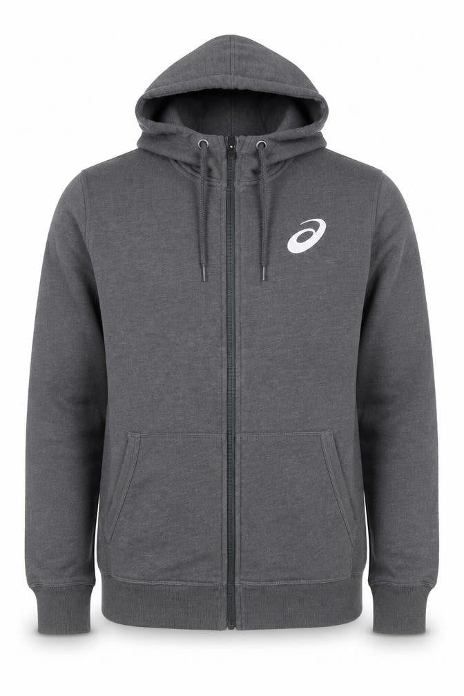 Front view of Asics men’s grey full zip hoodie, size M, sports fleece sweatshirt