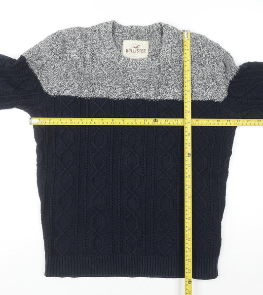 Hollister Men's Blue Cable-Knit Crew Neck Jumper Size M