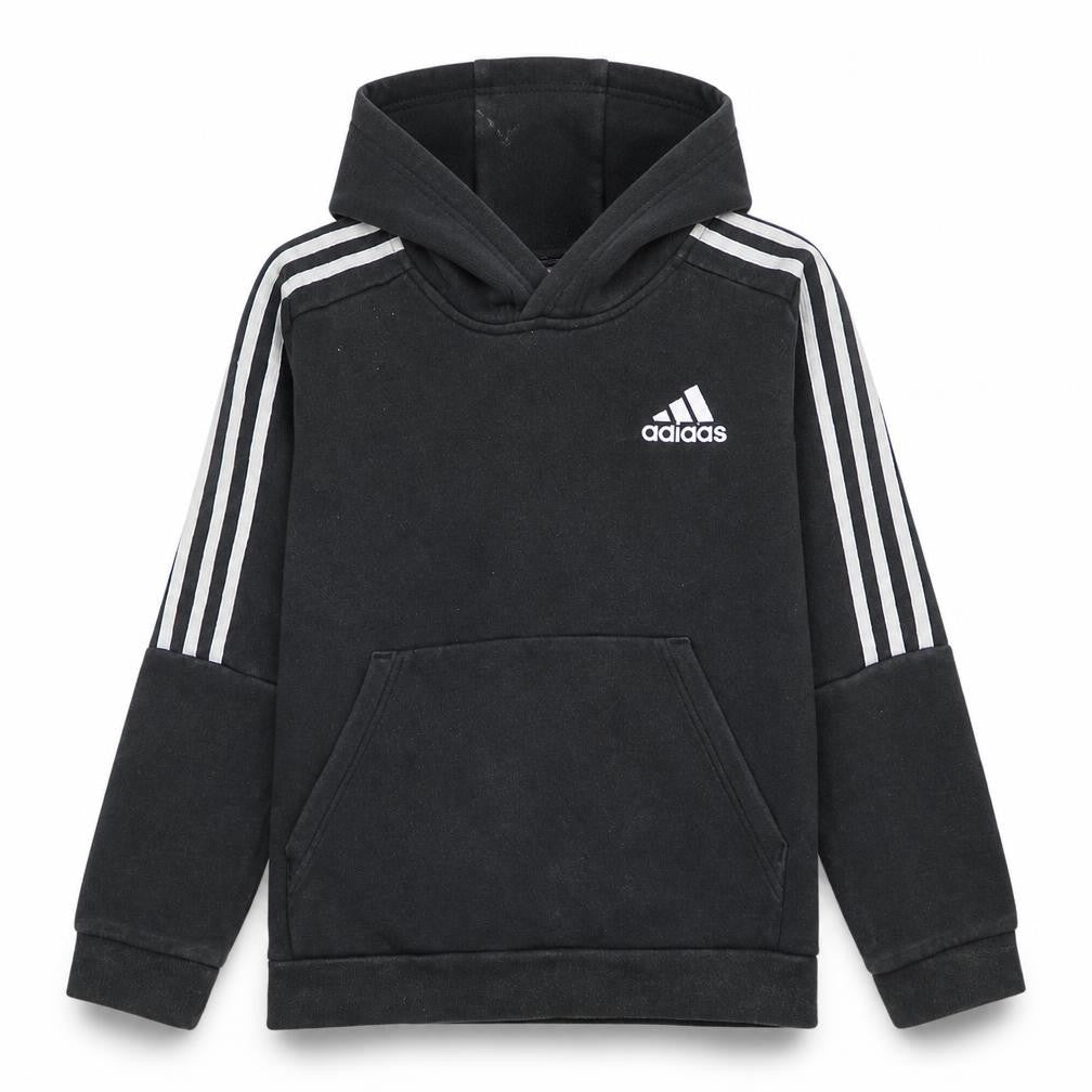 Front view of Adidas boys’ black 11-12 years pullover hoodie with stripe detail