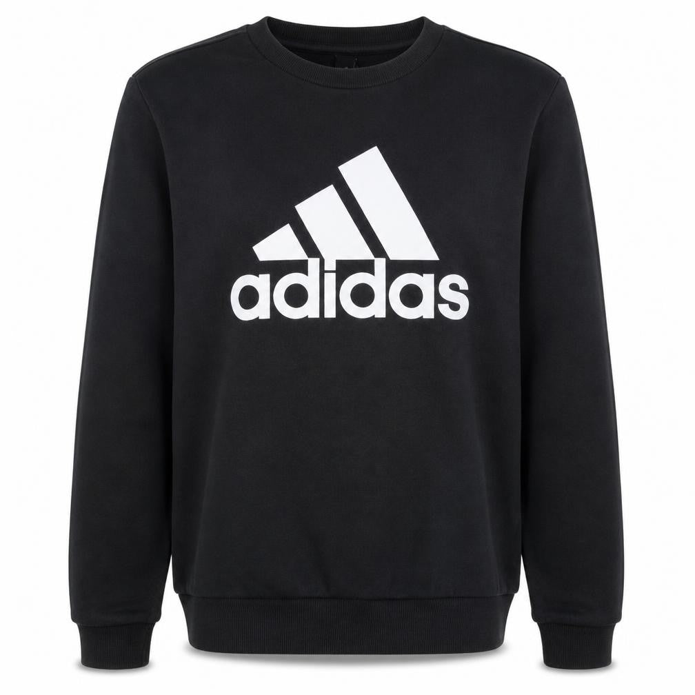 Front view of Adidas Men's Black Regular Fit Crew Neck Logo Sweatshirt, size M