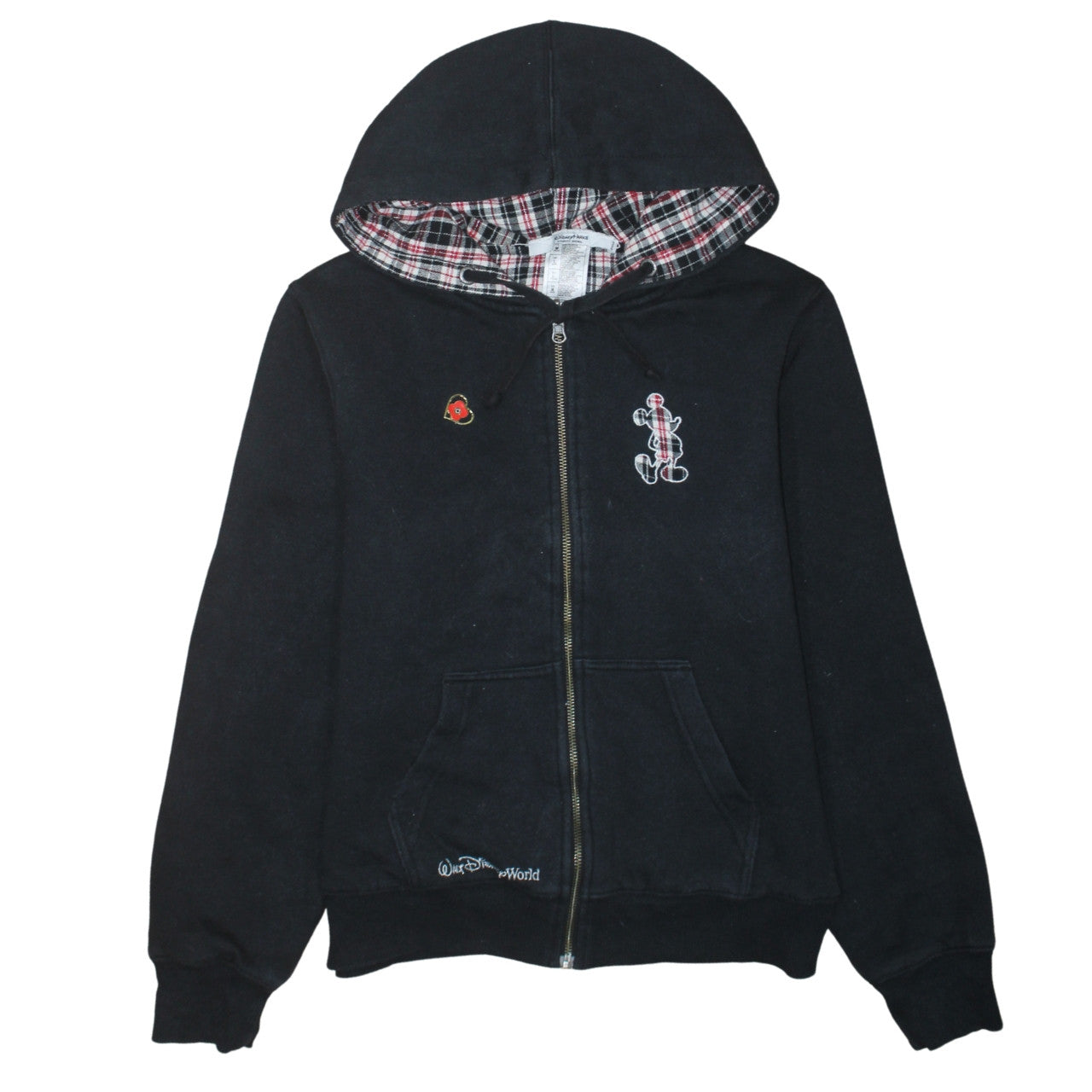 Disney Parks Women Black Full Zip Hoodie Size M Mickey Plaid Lined Sweatshirt