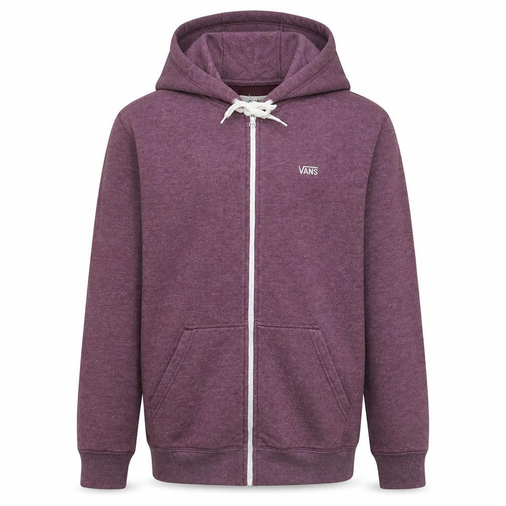 Front view of Vans boys’ purple full zip hoodie, size M, cotton blend skateboard style