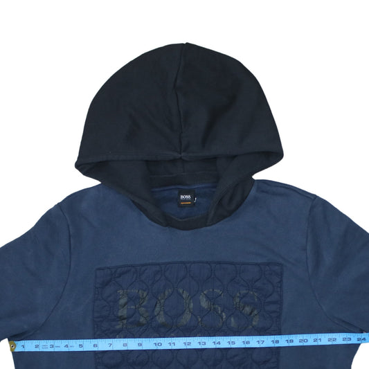 Hugo Boss Men's Blue Pullover Hoodie 2XL Quilted Logo Cotton Blend
