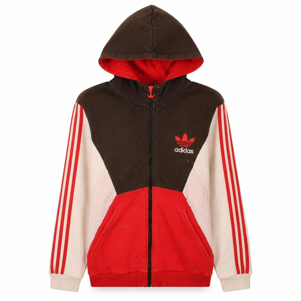 Front view of Adidas Men's Black Red White Full Zip Hoodie, size M, Sportswear