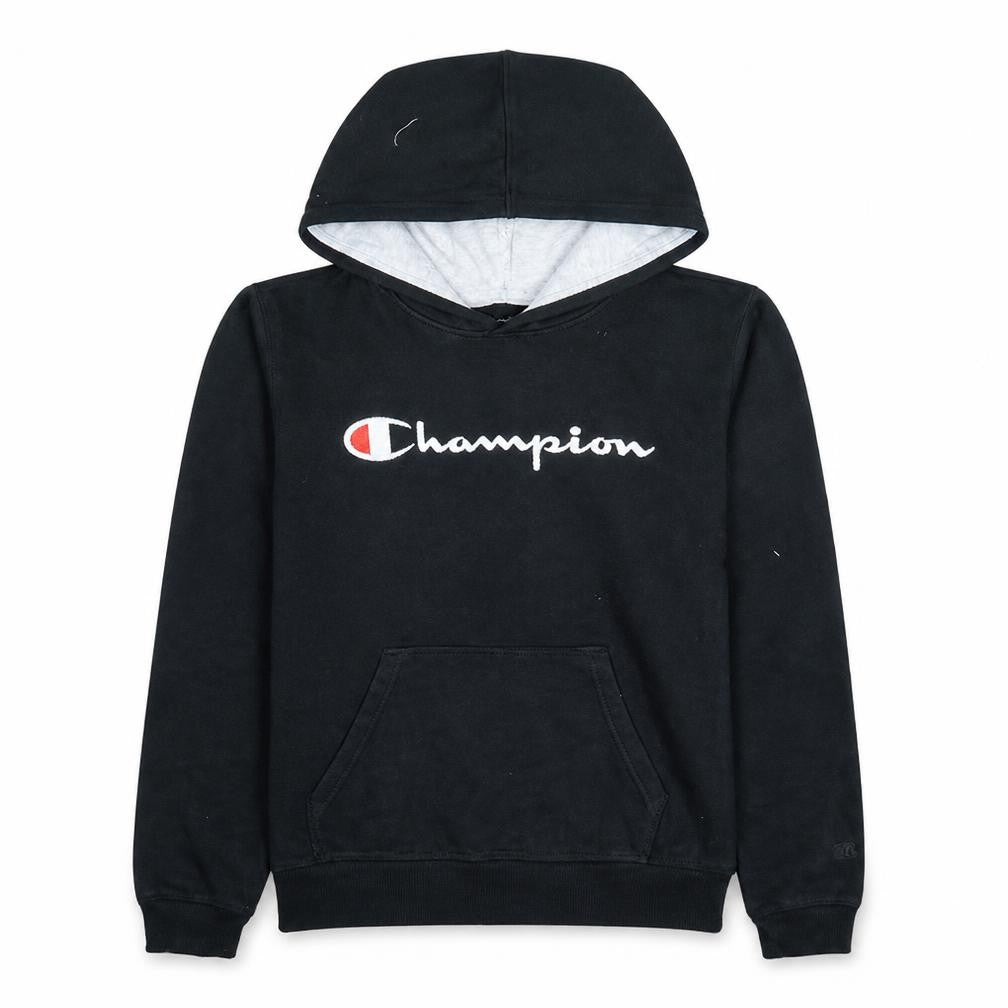 Front view of Champion boys’ black xl pullover hoodie with logo print