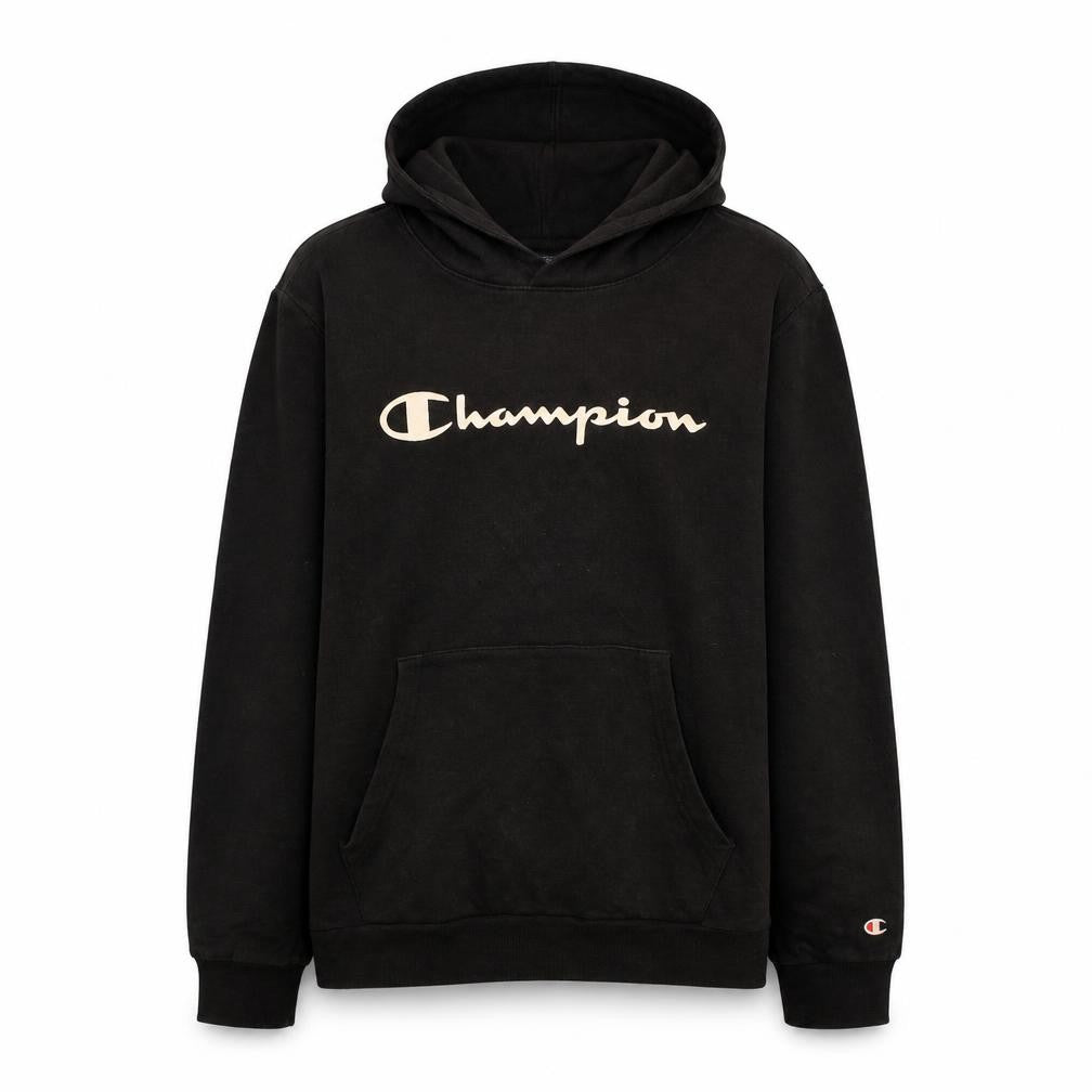 Front view of Champion boys’ black 2xl pullover hoodie with logo print