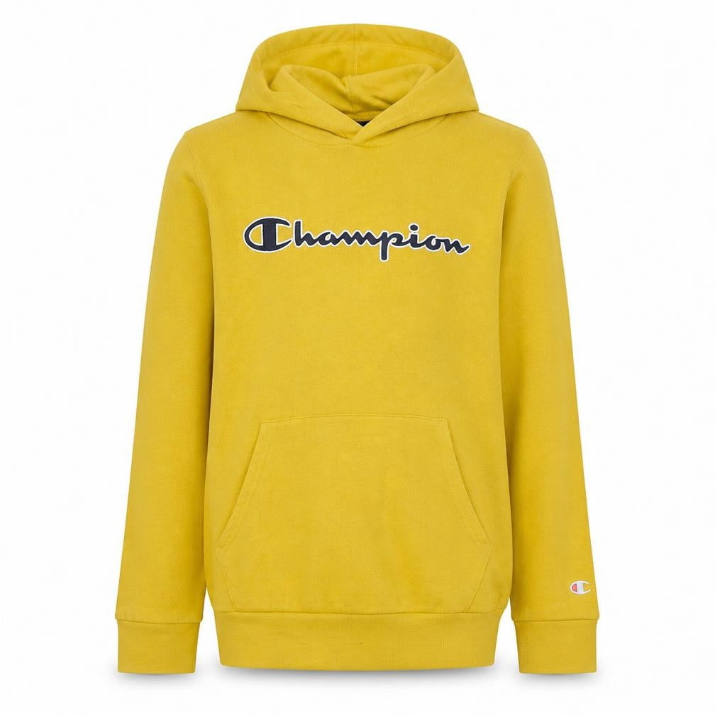 Front view of Champion boys’ yellow pullover hoodie 11-12 years logo fleece sweatshirt