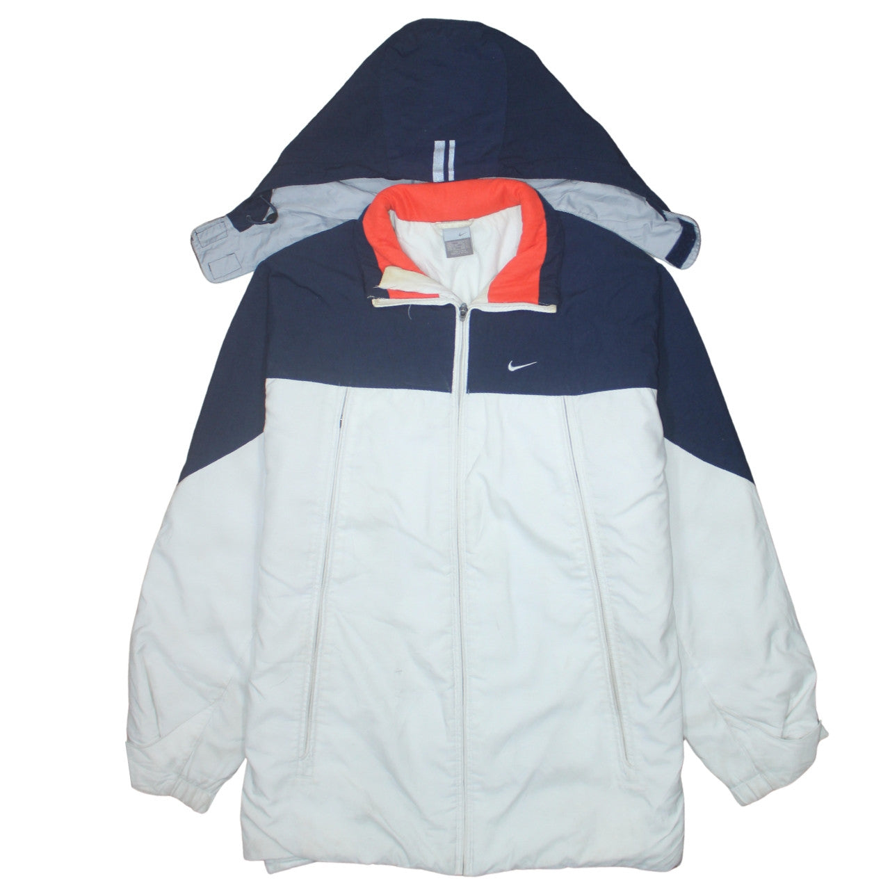 Nike Mens White Blue Hooded Puffer Jacket Size L Winter Coat