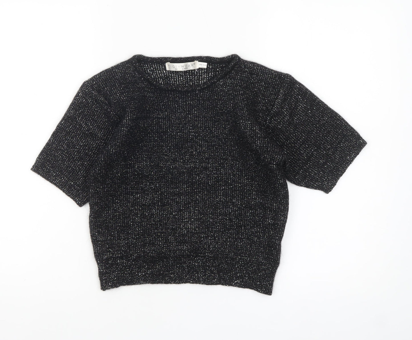 TIGI-WEAR Women Black Metallic Knit Short Sleeve Pullover Jumper One Size