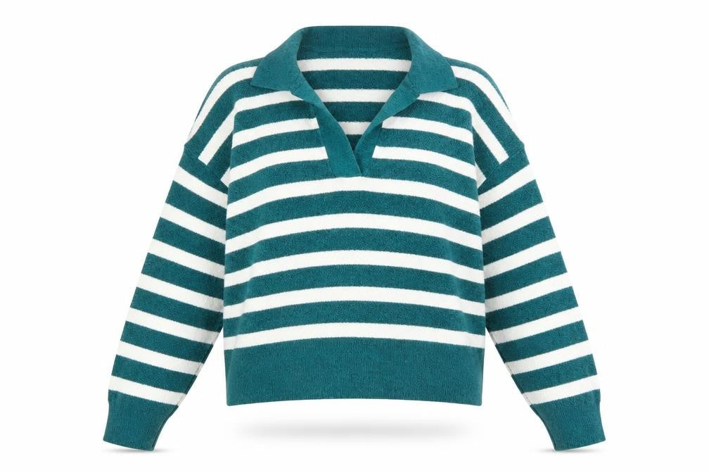Marks & Spencer Women's Green Striped Collared Pullover Jumper M
