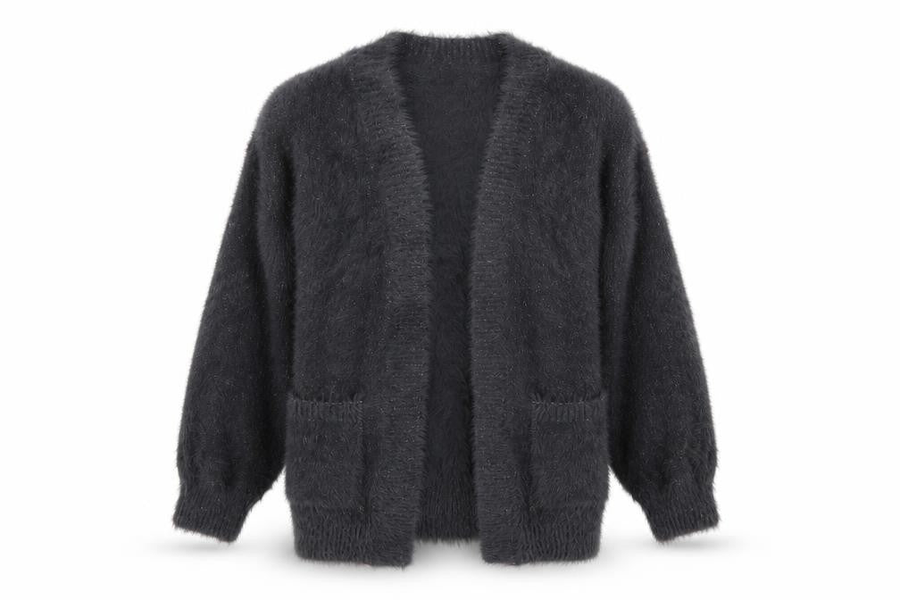Next Girls Grey Fuzzy Knit Cardigan 8 Years Long Sleeve Open Front