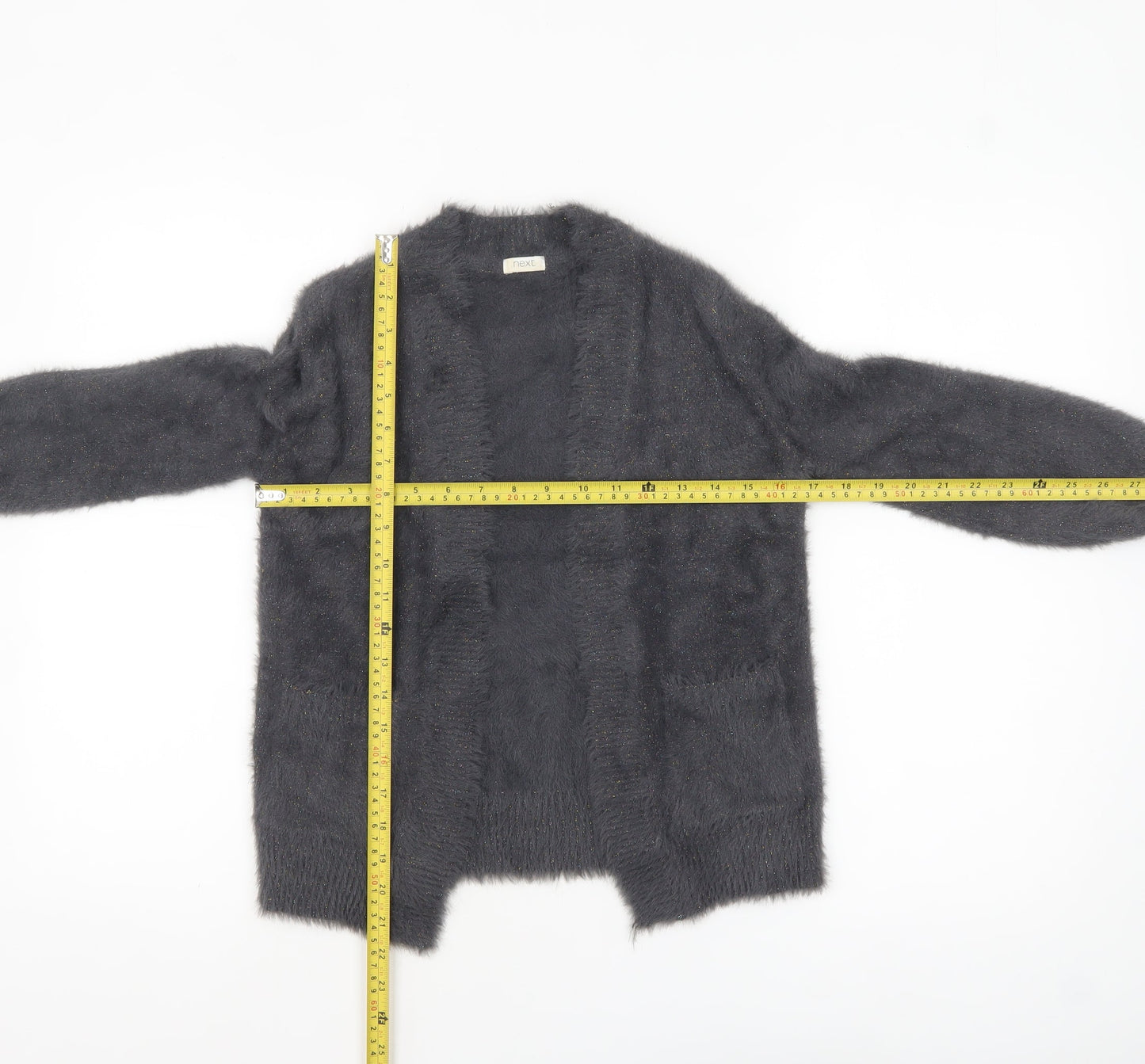Next Girls Grey Fuzzy Knit Cardigan 8 Years Long Sleeve Open Front