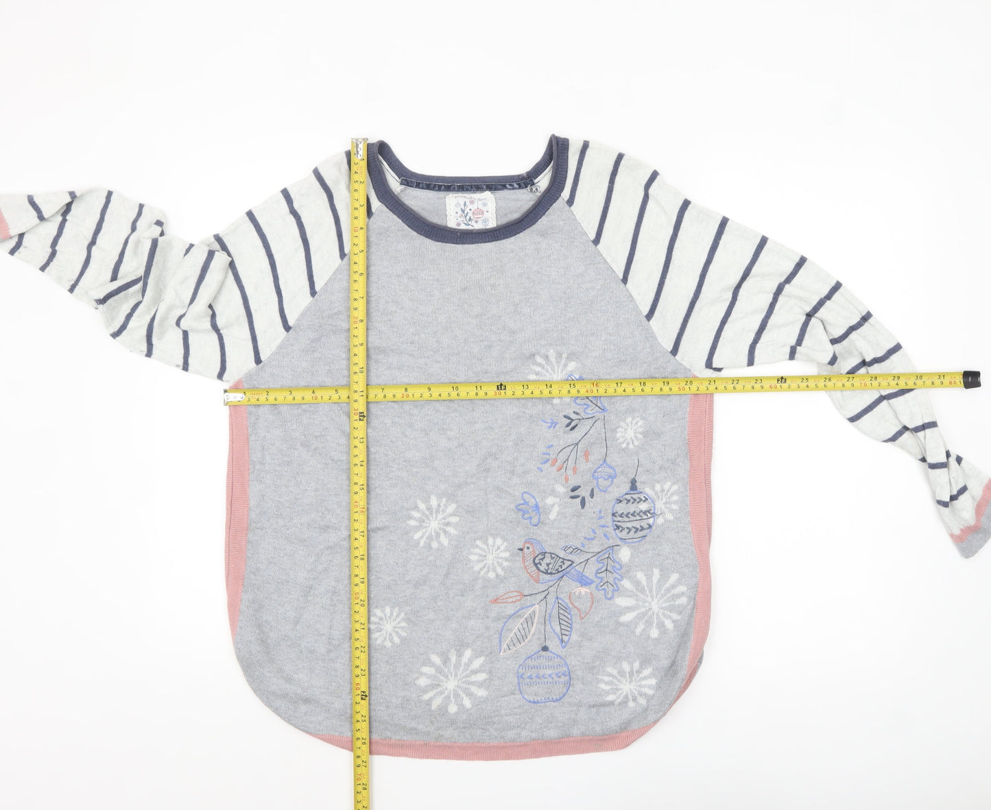 Mantaray Women Grey Embroidered Bird Striped Jumper Size 14