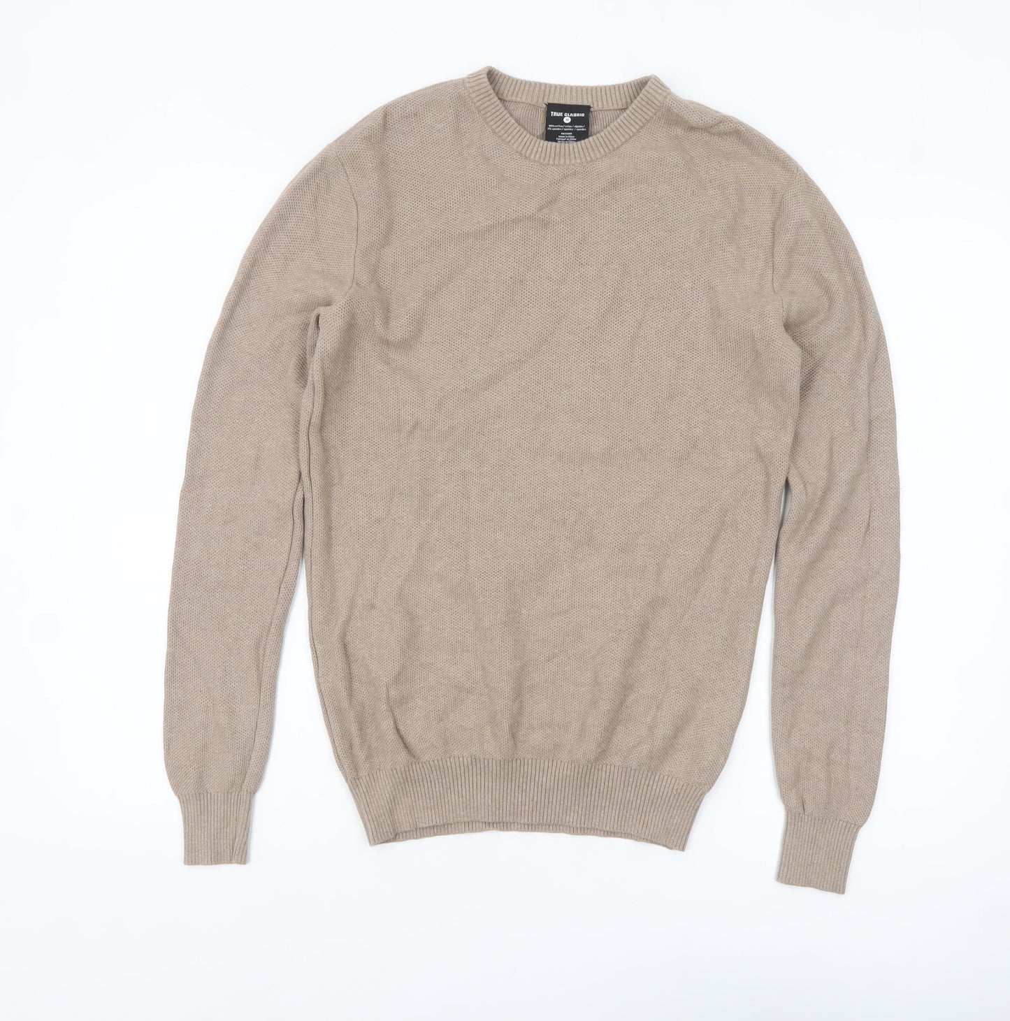 True Classic Men's Beige Cotton Crew Neck Pullover Jumper M