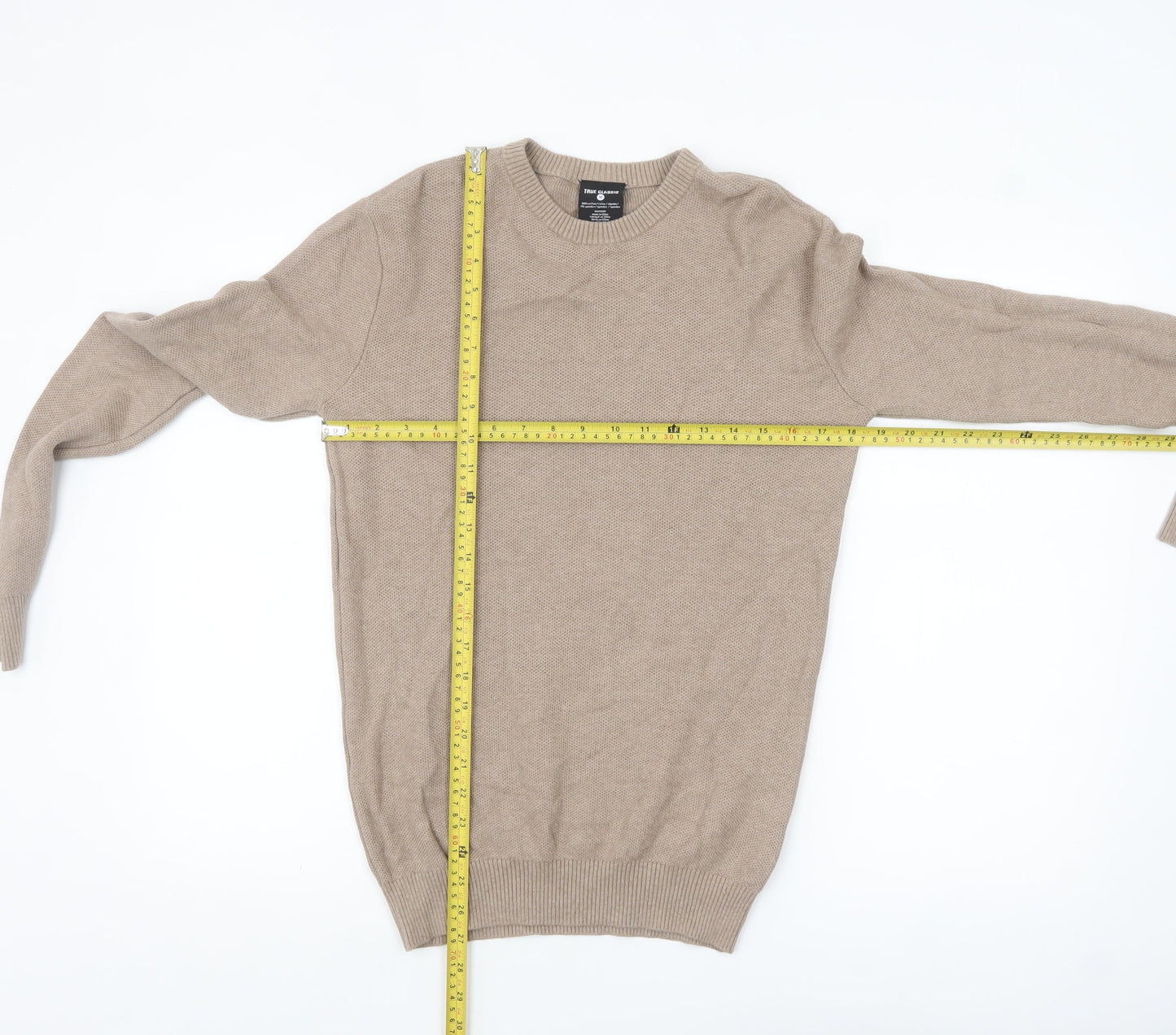 True Classic Men's Beige Cotton Crew Neck Pullover Jumper M