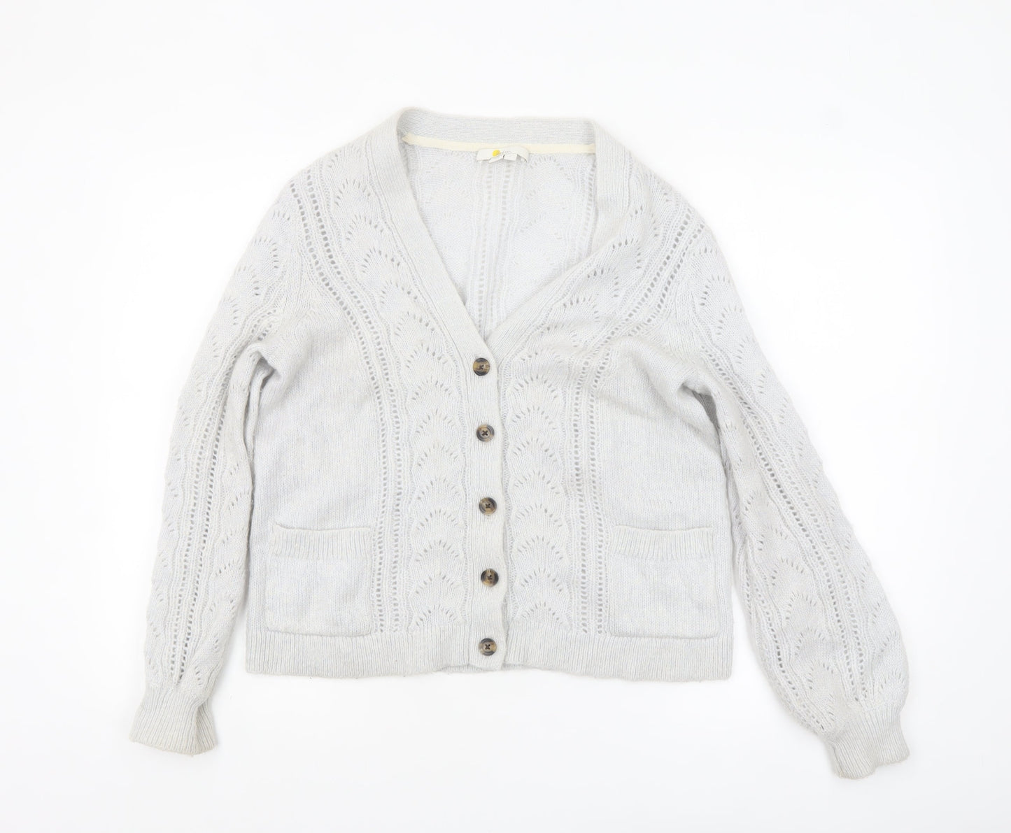 Boden Women Grey Cable-Knit Cardigan Size S V-Neck Wool Blend