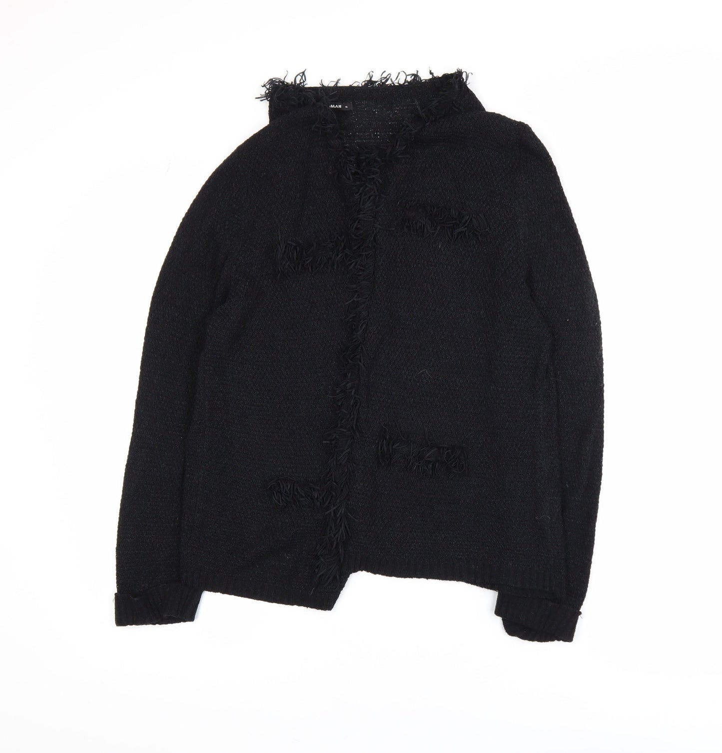 Roman Women Black Size 14 Fringed Open-Knit Long Sleeve Cardigan