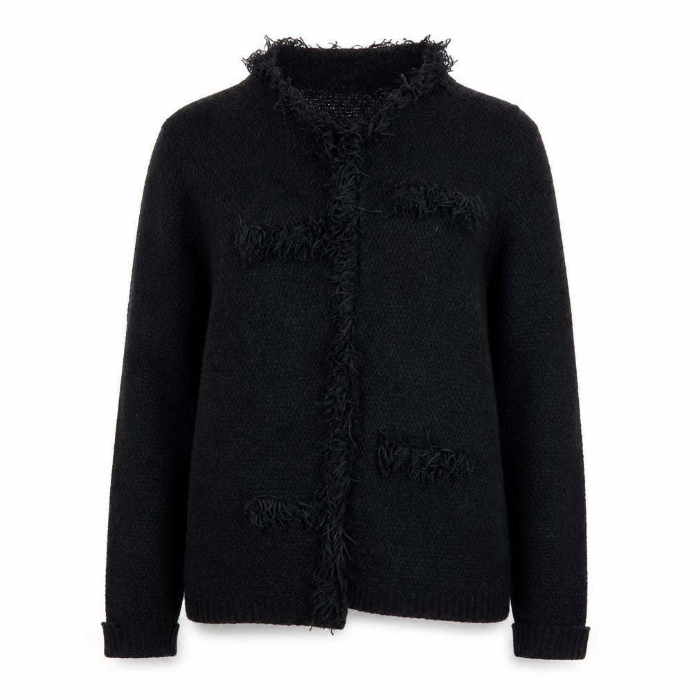 Roman Women Black Size 14 Fringed Open-Knit Long Sleeve Cardigan