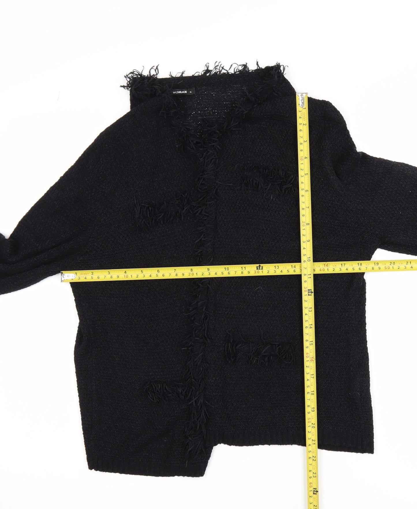 Roman Women Black Size 14 Fringed Open-Knit Long Sleeve Cardigan