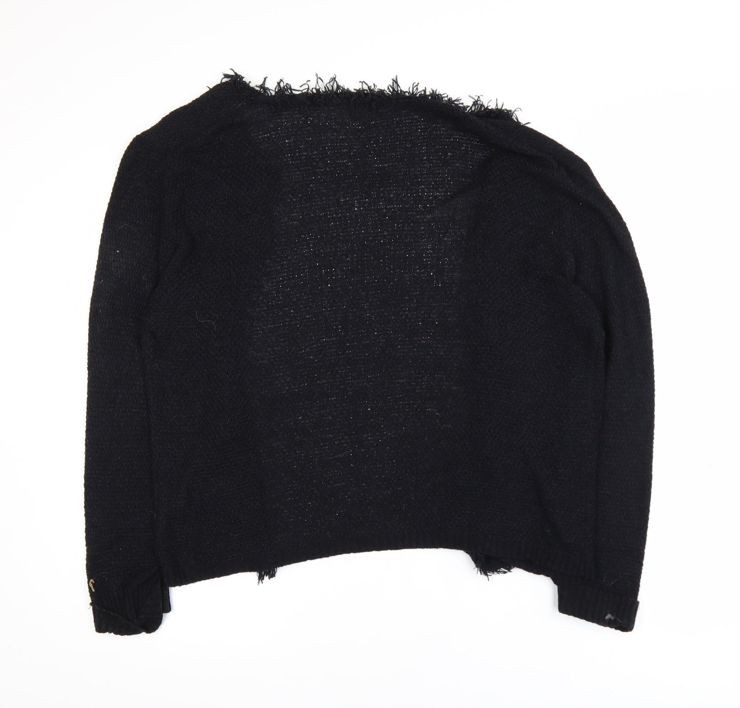 Roman Women Black Size 14 Fringed Open-Knit Long Sleeve Cardigan