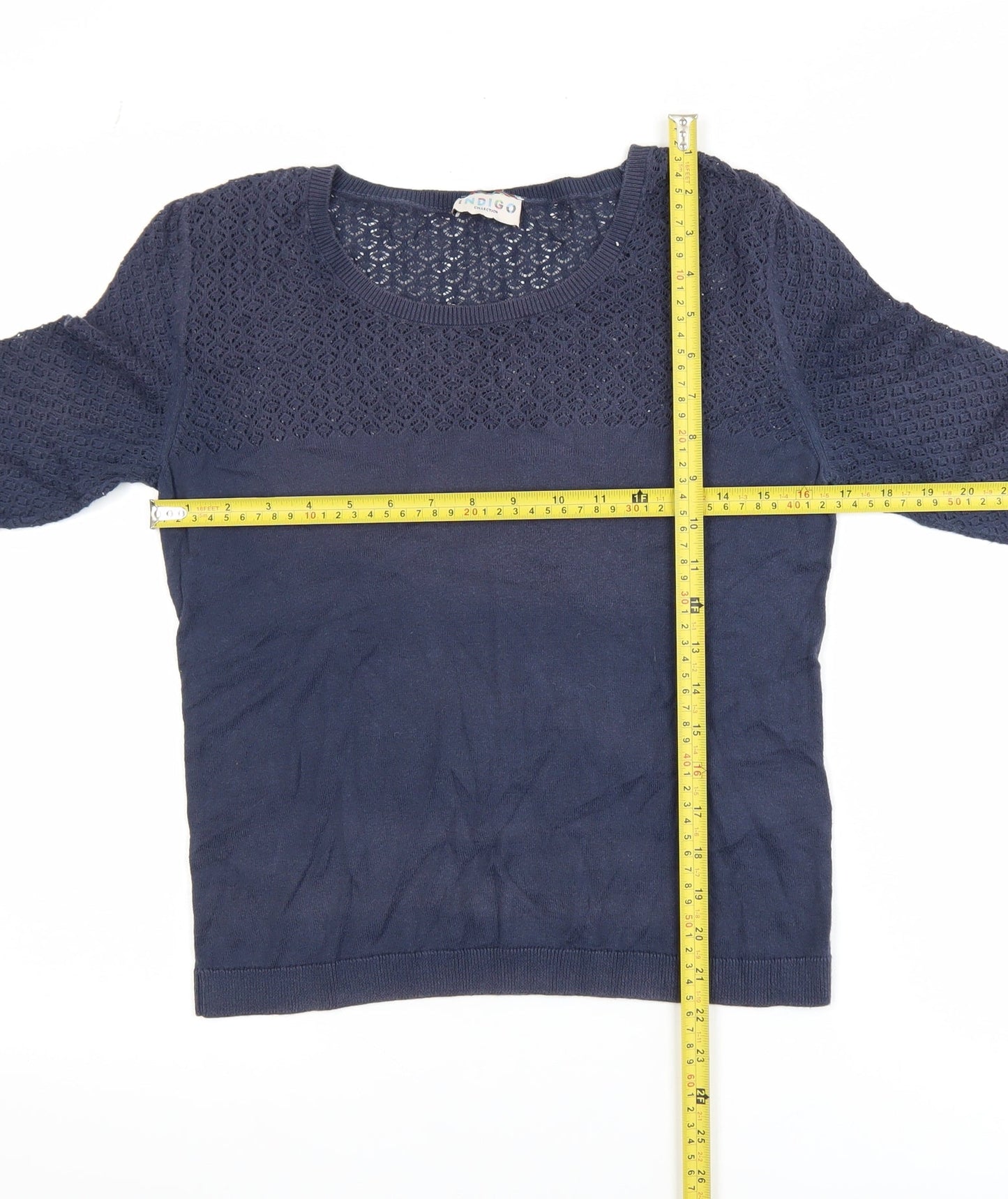 Marks and Spencer Indigo Women Navy Blue 3/4 Sleeve Knitted Cotton Top UK 10