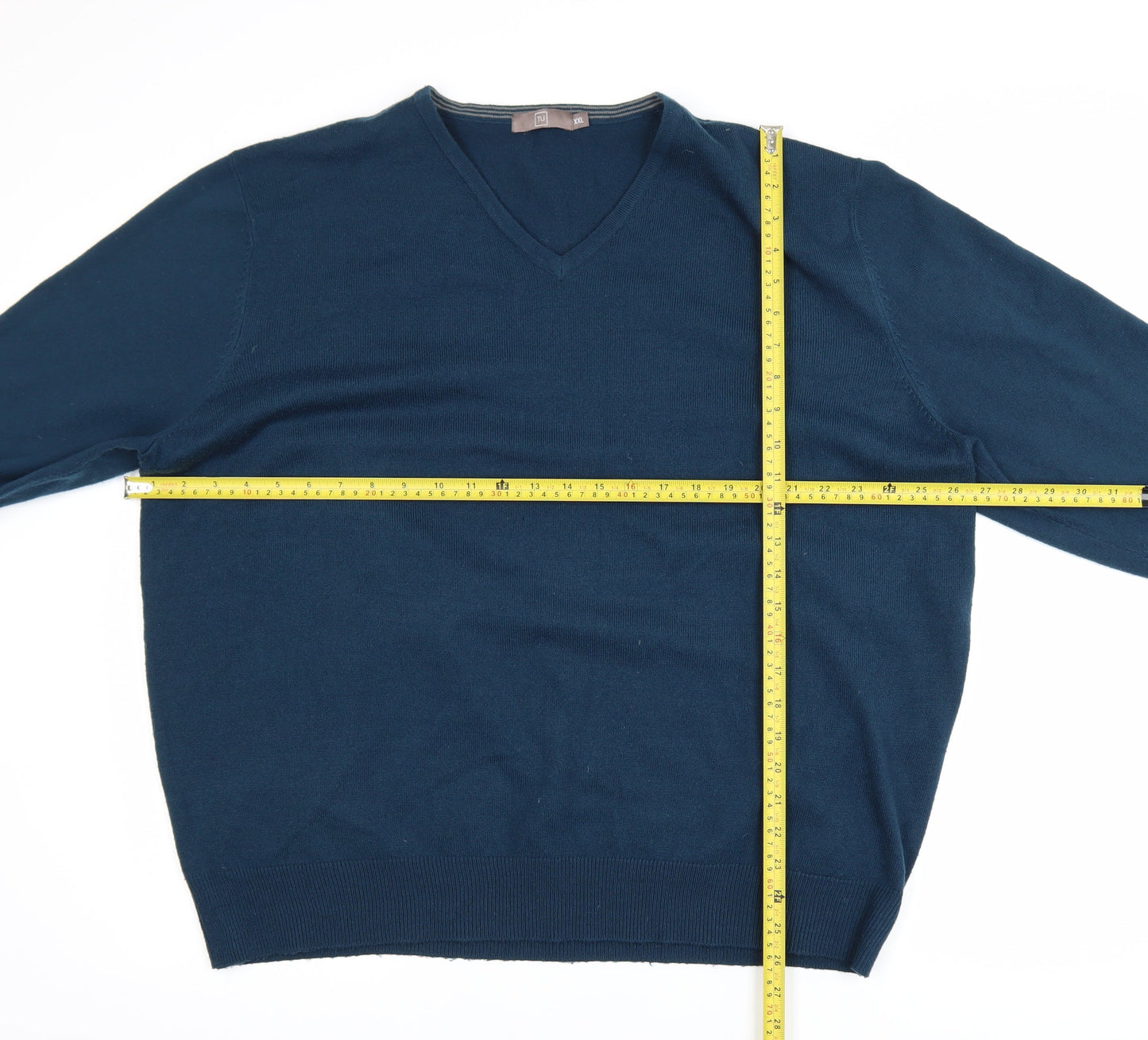 TU Men's Blue 2XL V-Neck Acrylic Pullover Jumper