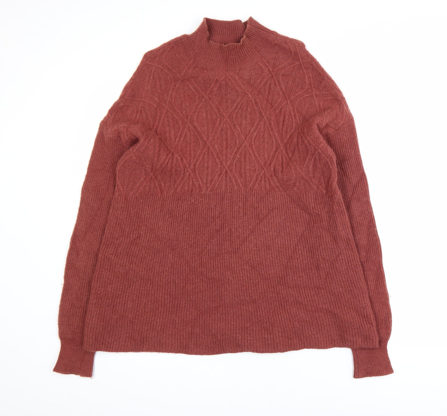 WoolOvers Womens Brown Lambswool Mock Neck Cable Knit Jumper L
