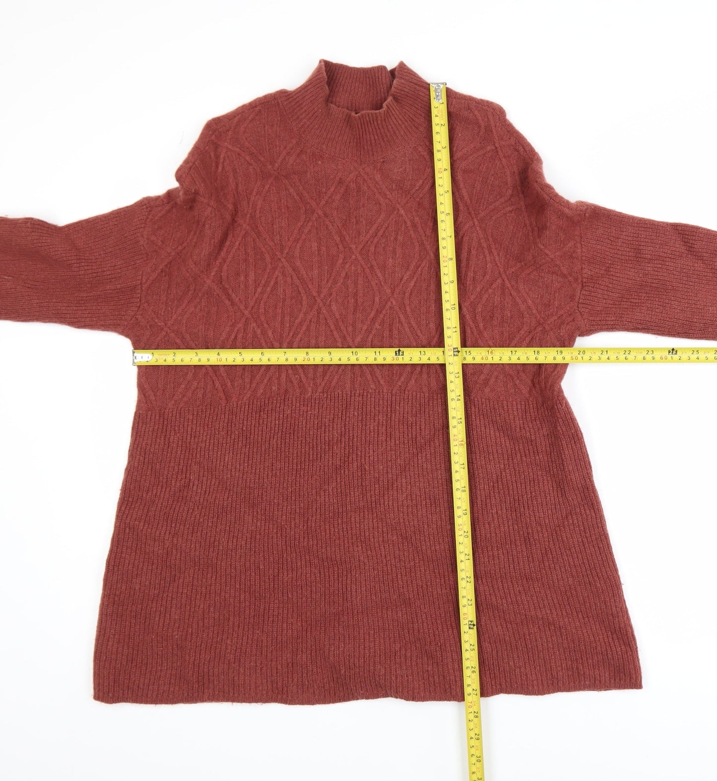 WoolOvers Womens Brown Lambswool Mock Neck Cable Knit Jumper L