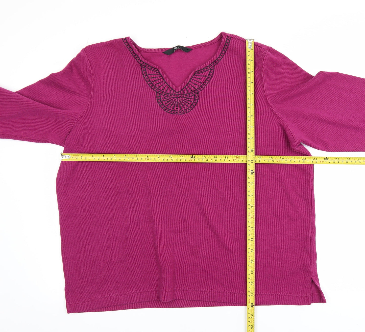 BM Casual Women's Pink V-Neck Embroidered Pullover Jumper Size L