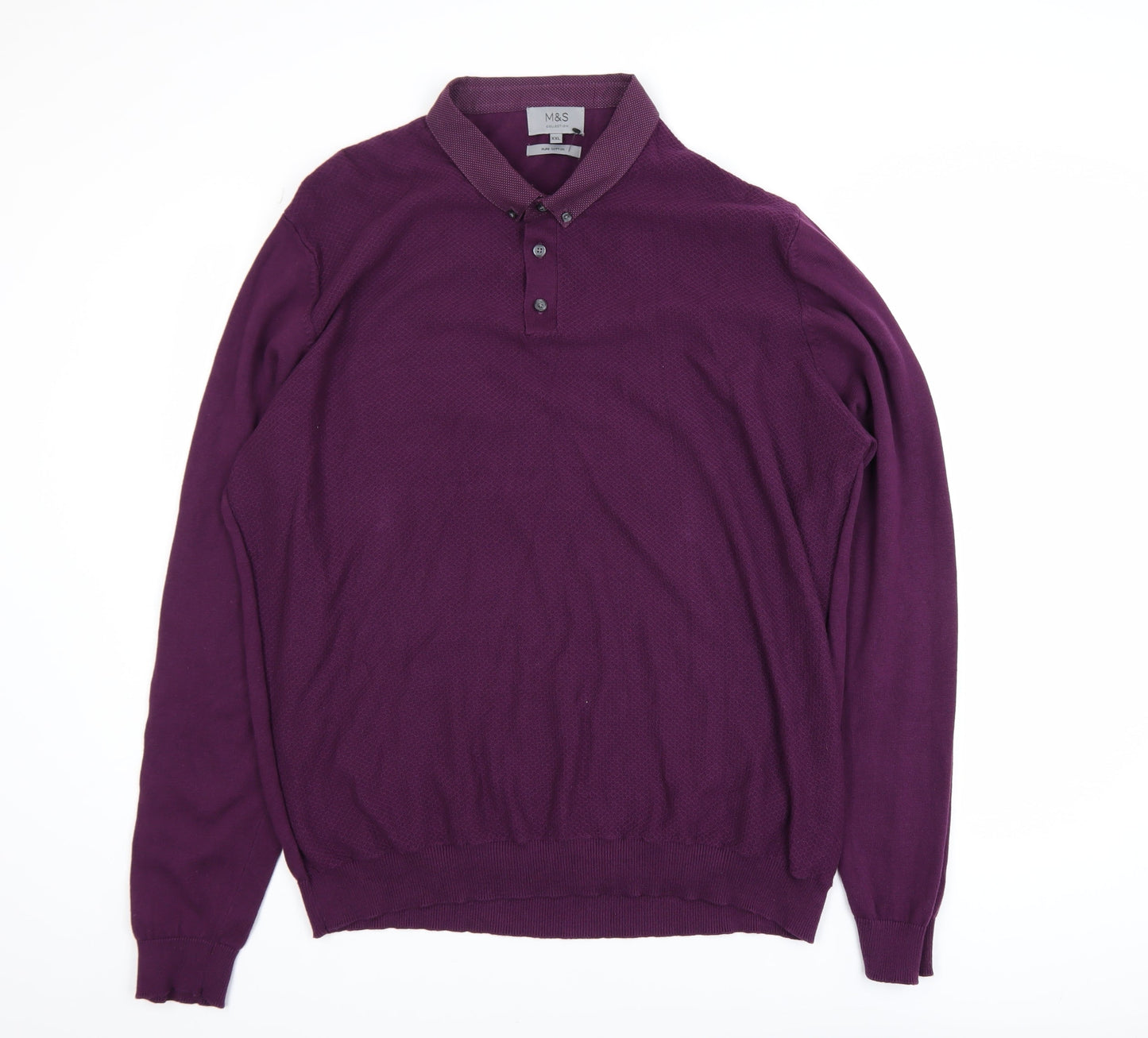 Marks and Spencer Men’s Purple 2XL Cotton Collared Henley Jumper
