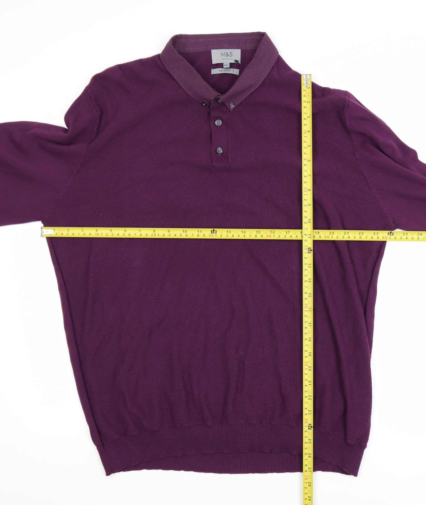 Marks and Spencer Men’s Purple 2XL Cotton Collared Henley Jumper