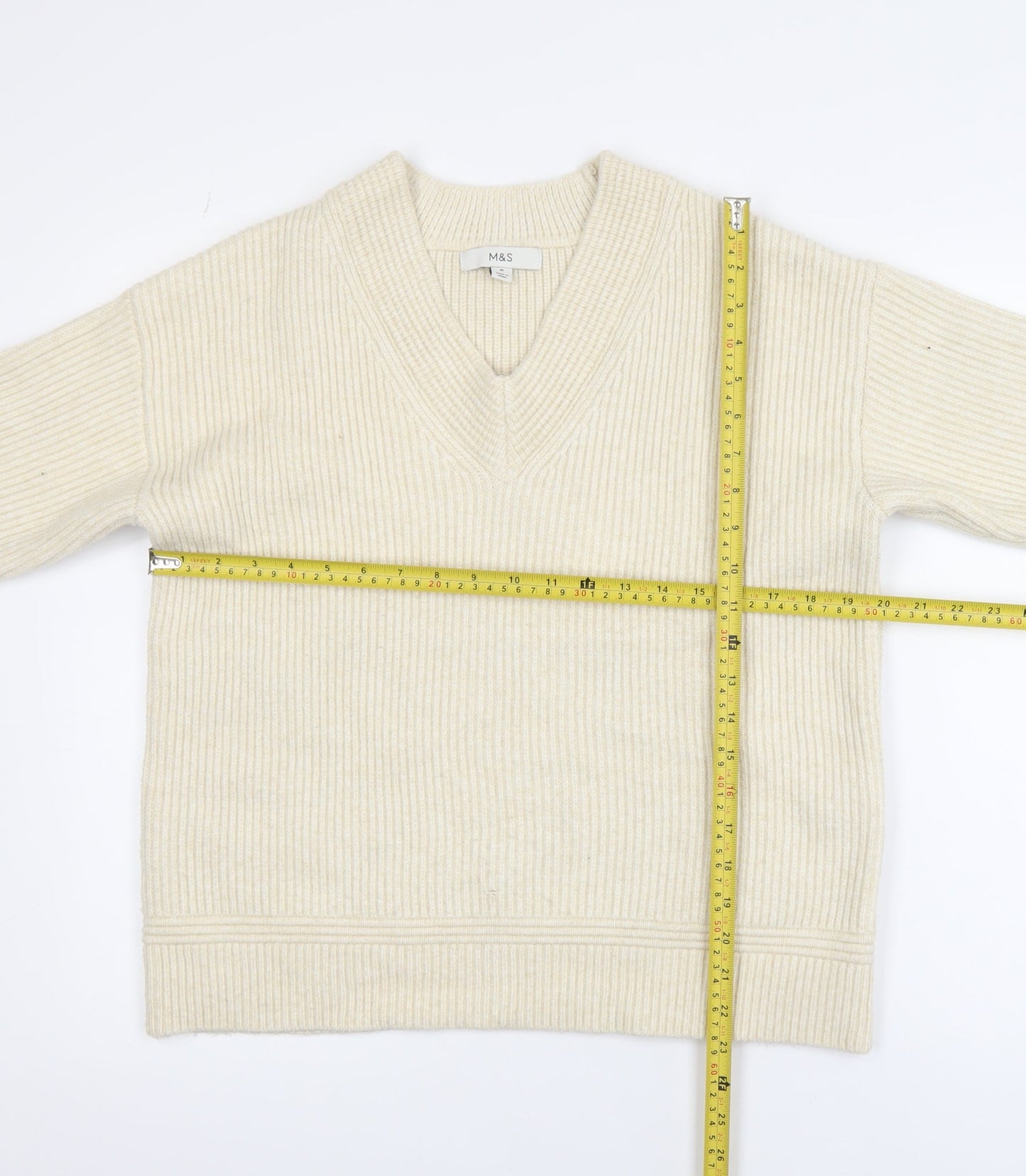 Marks and Spencer Womens Beige Wool V-Neck Pullover Jumper M