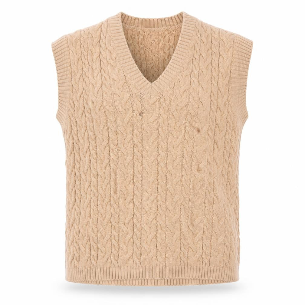 Damart Women Beige Cable-Knit Sleeveless V-Neck Jumper Vest M