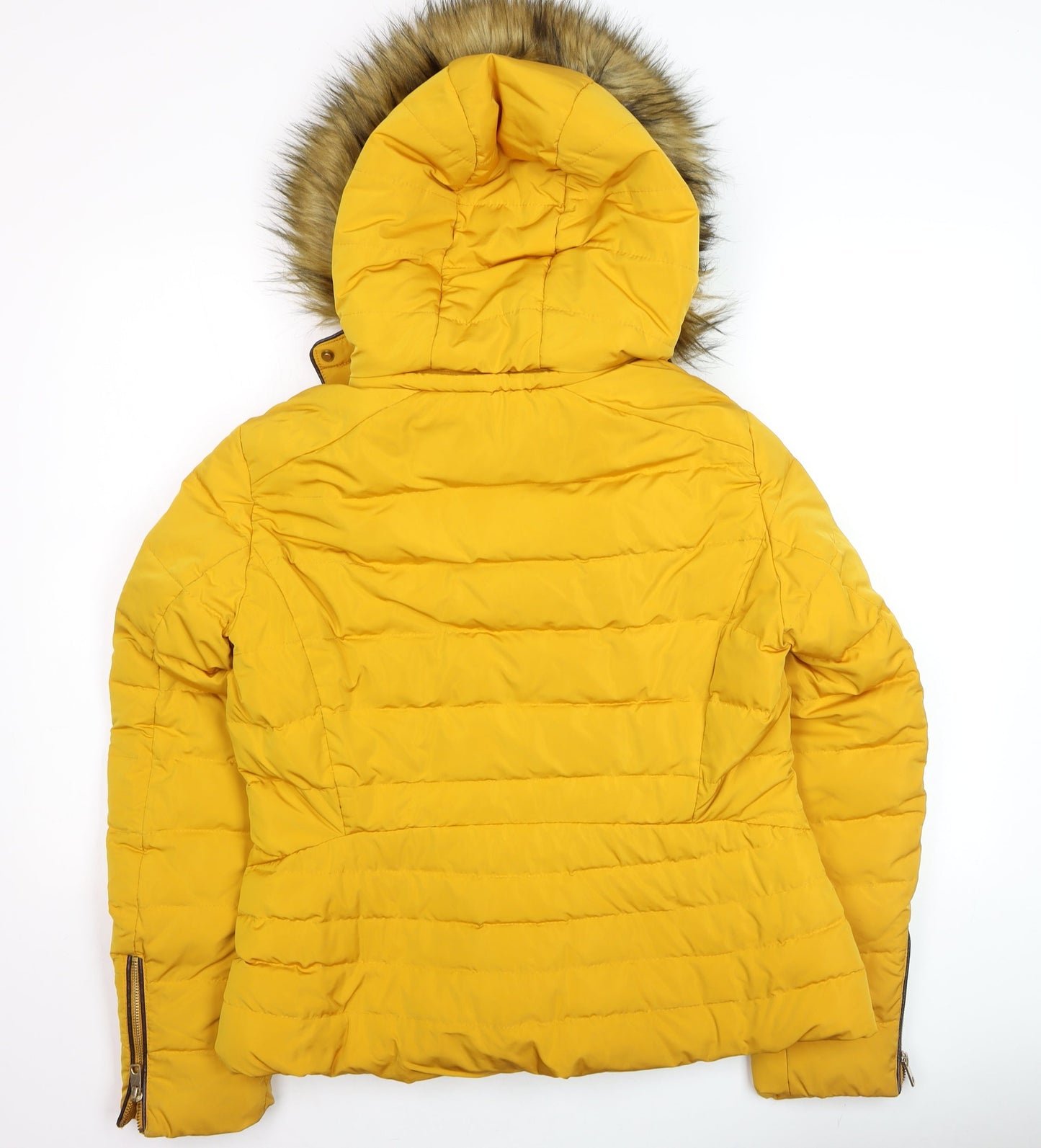Zara Women Yellow Faux Fur Hooded Puffer Jacket XL Winter Coat