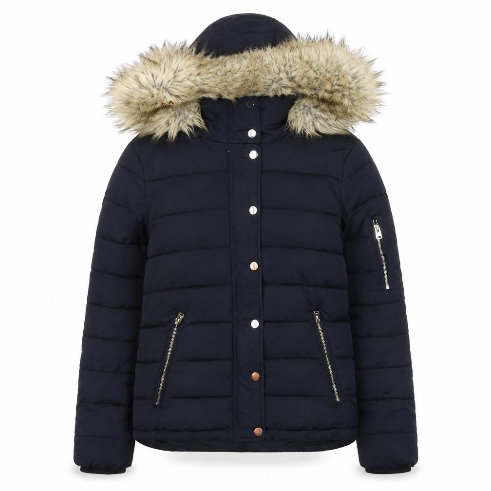 Topshop Women's Black Faux Fur Hooded Puffer Jacket Size 12