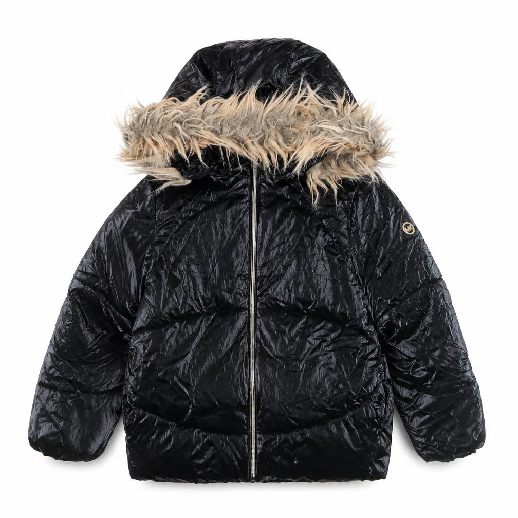 Front view of Michael Kors girls’ black fur trim hooded puffer jacket 7-8 years winter coat