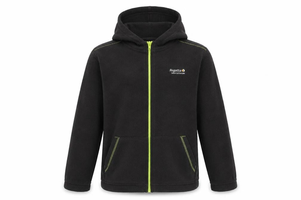 Front view of Regatta boys’ black fleece hooded full zip outdoor jacket, size 158, regular fit