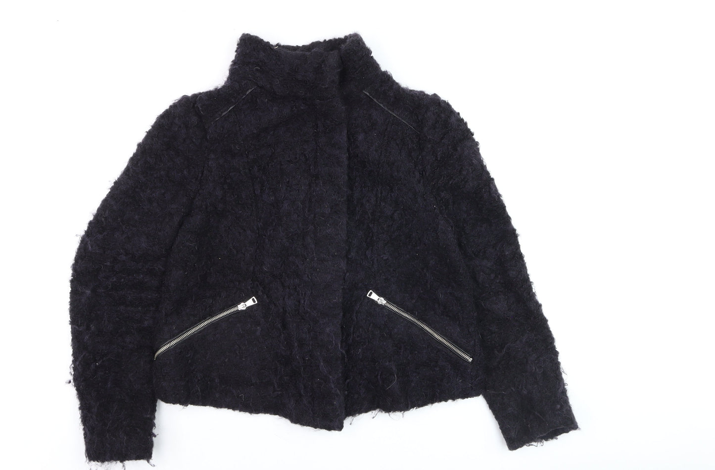 Whistles Women Black Mohair Biker Jacket UK 16 Winter Zip Short